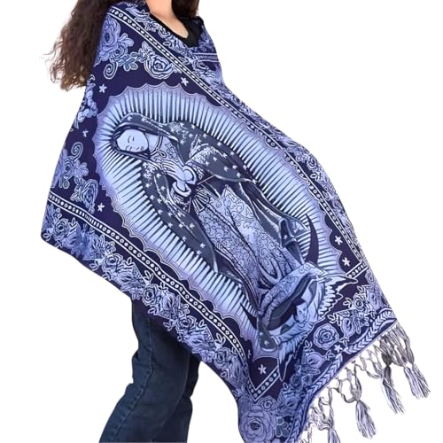 Rebozo Virgen Guadalupe, Woman shawl, Mexican embroidered Virgin Mary Our Lady of Guadalupe, Sarape blanket fabric, Woven Wrap Poncho Gaban Scarf