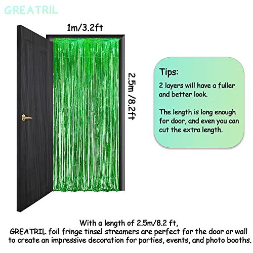 Image of Green Tinsel Curtain Party Backdrop - GREATRIL Foil Fringe Streamers for St Patrick's Day /Luau /Turtle /Hawaiian /Dinosaur /Ghost /Football /Christmas Decorations 2 Packs