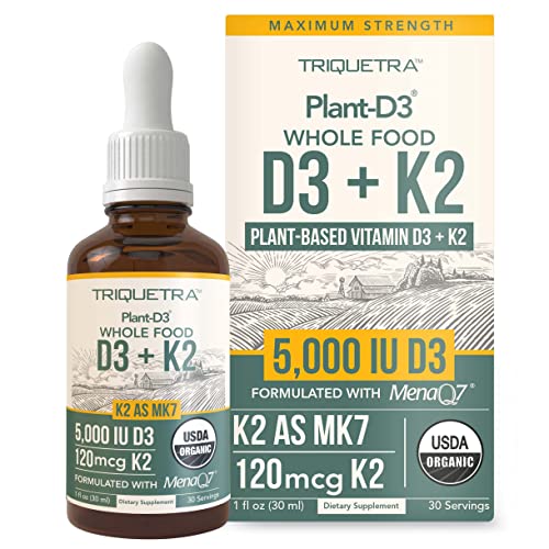 Organic Plant D3 + K2 (5000 iu D3) - All-Trans MK7 from MenaQ7 (120 mcg K2) - 100% Organic & Plant-Based Sublingual D3 Drops (Cholecalciferol) 100% Vegan - Supports Immunity Bone(1oz)
