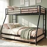 SUNLEI Metal Bunk Beds with Double Secured Ladders, Twin Over Full Bunk Bed with Surrounded Safety Guardrails, Space Saver Twin Beds, Noise Free for Small Bedroom, with Trundle, Black