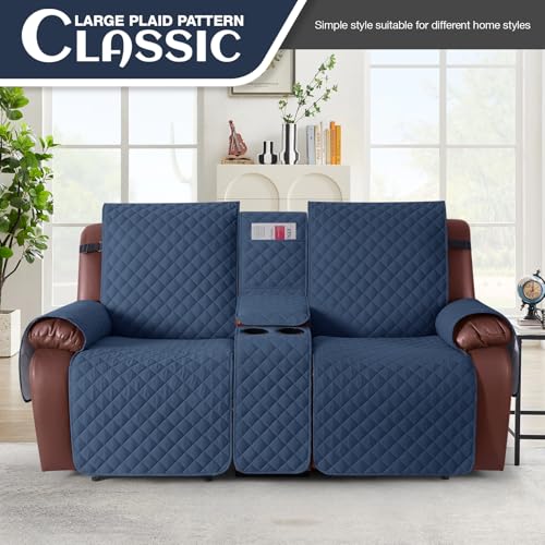 Image of KinCam 100% Waterproof Recliner Loveseat Cover with Console, Non-Slip Reclining Couch Covers for 2 Seat, Recliner Sofa Cover Furniture Protector with Elastic Straps for Kids, Pets, Blue