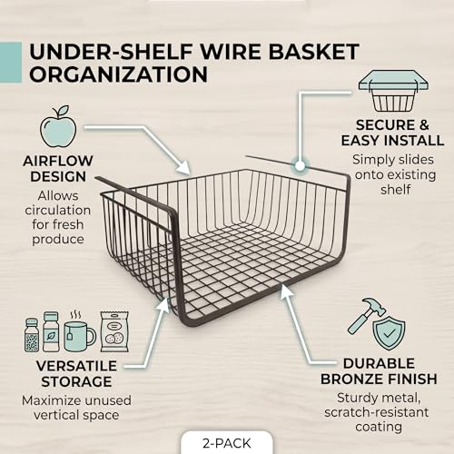 Image of Styleys Kitchen Under Cabinet Shelf Wire Rack Organizer Storage Undershelf Basket (Black, 15.5-inch S11027) - Set of 2, Tiered Shelf