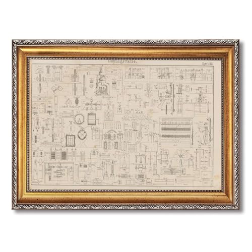 Vintage Framed Industrial Machinery Blueprint Wall Art Canvas Print Oil Paintings Reproduction World Classics Retro Artwork Poster Painting Wall Decor Elegant Home Decor Office (Retro Framed,16"Lx24"W)