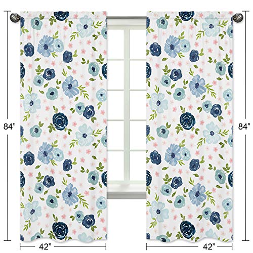 Image of Sweet Jojo Designs Navy Blue and Pink Watercolor Floral Window Treatment Panels Curtains - Set of 2 - Blush, Green and White Shabby Chic Rose Flower