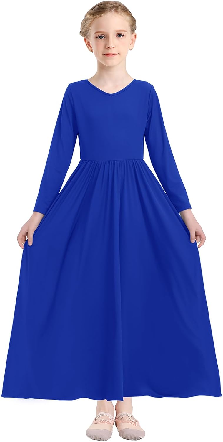 Girls Long Sleeve Praise Dance Dress V-Neck Liturgical Worship Dance Costumes Swing Lyrical Dancewear