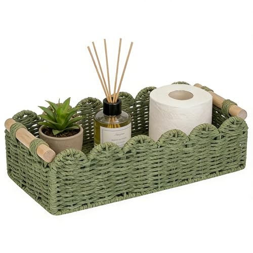Upgraded Paper Rope Scalloped Edge Toilet Paper Storage Basket Small Living Room Bedroom Decor Baskets for Over Toilet Storage Shelf End Table Shelves and More with 2 Wooden Handle (Green)