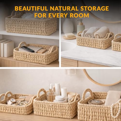 Coolab Set of 3 Beaded Hand-Woven Water Hyacinth Storage Baskets – Rectangular Wicker Baskets for Organizing Shelves, Pantry & Home Decor – Eco-Friendly Basket Storage with Sturdy Handles by Coolab - Image 4