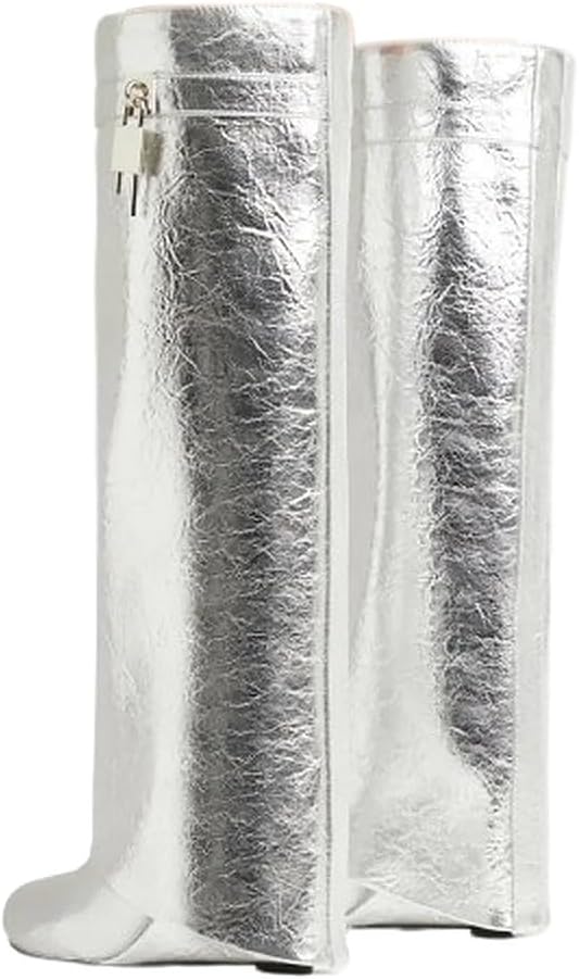 LEMONADE Women Fold Over Wedge Boots Padlock Knee High Fashion Pull On Boots