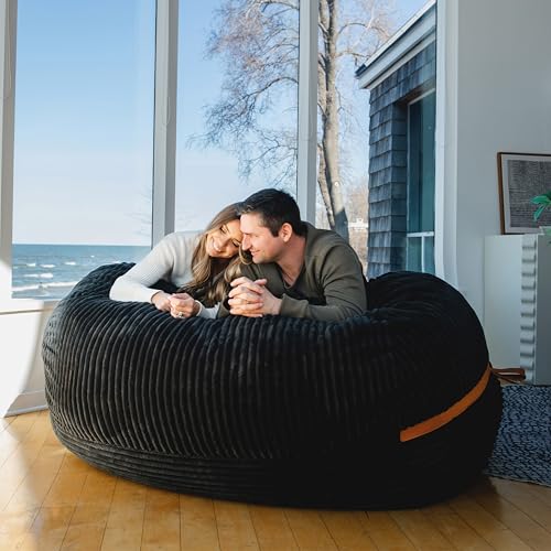 Image of Big Joe Fuf 7Ft Giant Foam Bean Bag Chair, Oversized Couch with Removable Cover for Kids, Teens, Adults, Black Licorice Corded Plush, 7 Foot