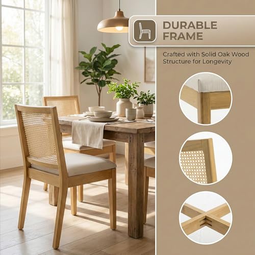 Image of HNY Farmhouse Rattan Dining Chairs Set of 4, Natural Solid Hardwood Frame, Upholstered Linen Seat, Ergonomic Cane Back Dining Room Chairs for Kitchen, Dining Room, Apartment, Beige