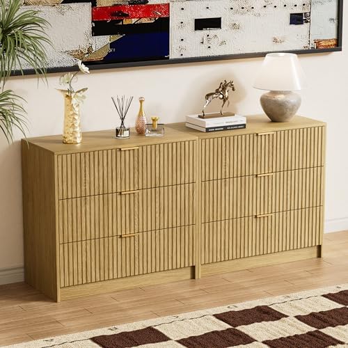 Image of Furniway 31.5 inch Large Nightstand with 3 Drawers, Fluted Bedside Table, Modern Tall End Table with Storage, Wood Night Stand Organizer Cabinet for Bedroom, Natural Oak