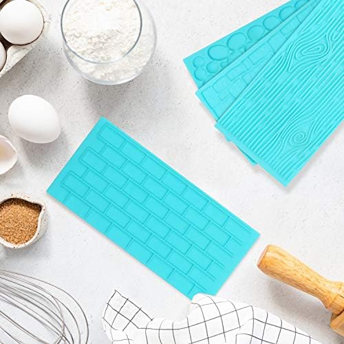 Kurtzy Plastic(4 Pack) Embossing Fondant Icing Chocolate Cake Mould Set - Brick, Wood, Cobble and Pebble Stone Designs - Blue 3D Decorating Embossed Mold Set For Sugar Candy, Decor, Jelly & DIY Baking