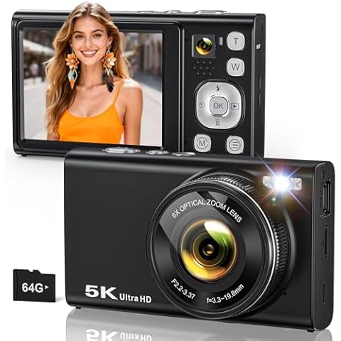 5K Digital Camera for Photography with 6X Optical Zoom, Autofocus 96MP Vlogging Camera for YouTube Video with Dual-Lens, Compact Point and Shoot Travel Cameras for Beginners with 64GB Card & Flash Cover