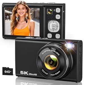 5K Digital Camera for Photography with 6X Optical Zoom, Autofocus 96MP Vlogging Camera for YouTube Video with Dual-Lens, Compact Point and Shoot Travel Cameras for Beginners with 64GB Card & Flash