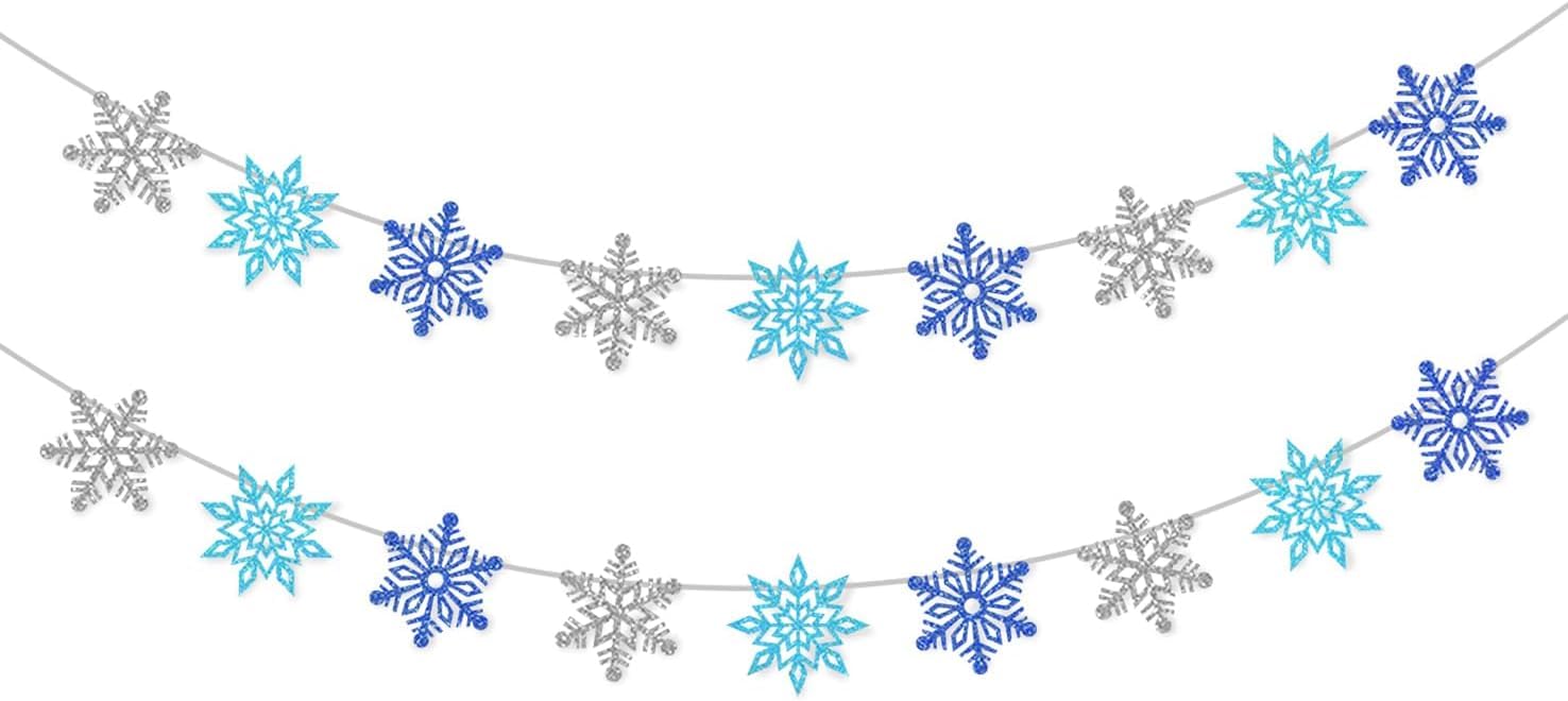 2 Pcs Glitter Snowflake Banner, Snowflake Winter Party Decorations, Snowflake Garland Christmas Party Decorations (Blue&Silver)