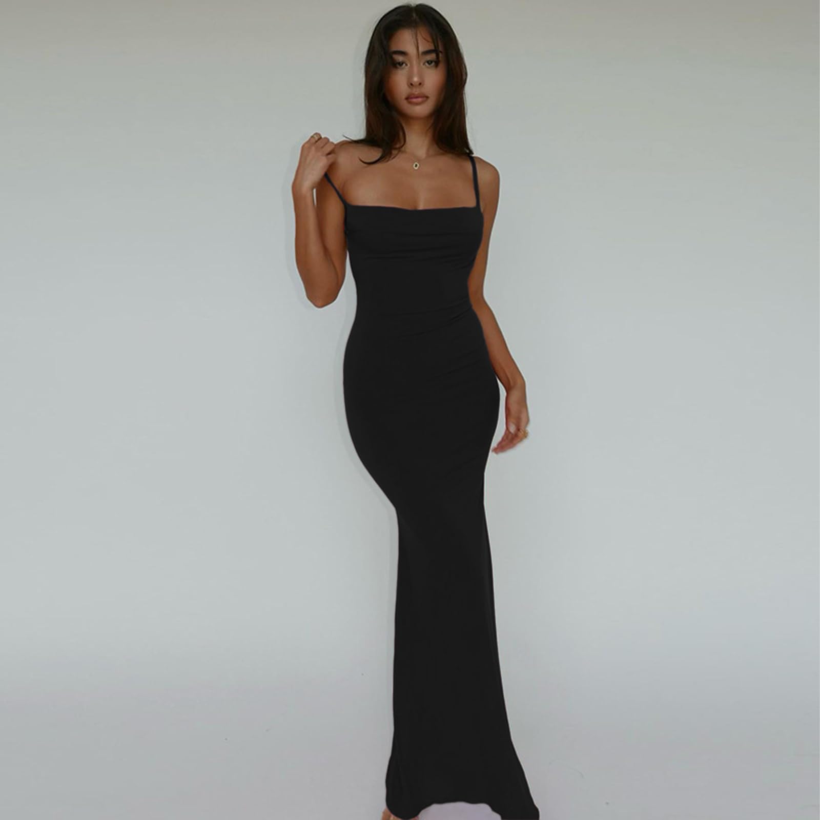 Robe Femme Sexy Robe Longue Moulante Dos Nu Bodycon Robe de Soirée Longue D'éte Maxi Robe sans Manches Elégant Skinny Slim Fit Robe de Cocktail Club Robe à Spaghetti Bretelle pour Party