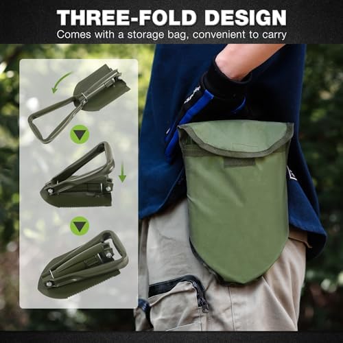 REDCAMP 23" Military Folding Camping Shovel w/Cover,Portable Shovel with High Manganese Steel, Tactical Entrenching Tool Tri-fold Handle Shovel for Camping Hiking Sand Mud Snow Beach, Green 2.5Lbs - Thumbnail 3