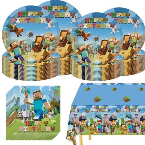 Pixel Party Tableware 20 Plates and 20 Napkins and Tablecloth71  x 42 Super Bros Birthday Party Decorate Supplies
