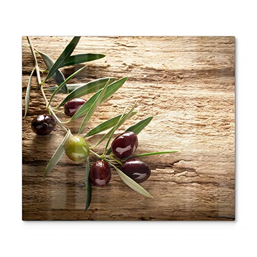 DEQORI Herdabdeckplatte Glas | einteilig 60x52 cm | Motiv Dekorativer Olivenzweig | Ceranfeld Abdeckplatte für Küche | Herd-Abdeckung universal | Glasplatte & Schneidebrett für Kochplatten
