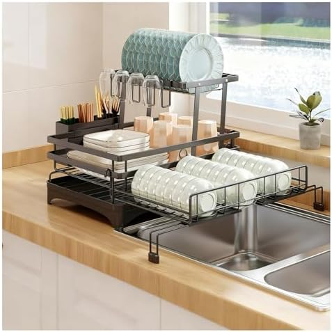 Dish Drying Rack, Bottom Expandable Large Capacity Dish Racks Drainer with Drainboard/Utensil for Kitchen Countertop, Multifunctional Dish Drainer, Automatic Drainage(Large)