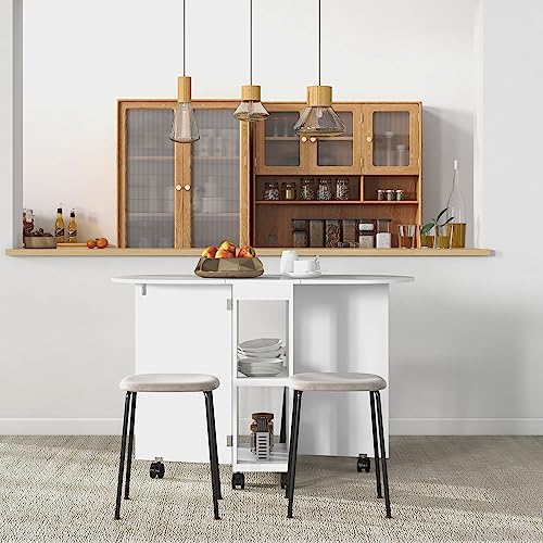 HOMCOM Mesa de Comedor Plegable Mesa de Cocina Moderno con Ruedas Laterales Abatibles y 2 Estantes Abiertos Carga 80 kg 120x60x77 cm Blanco - imagen 8