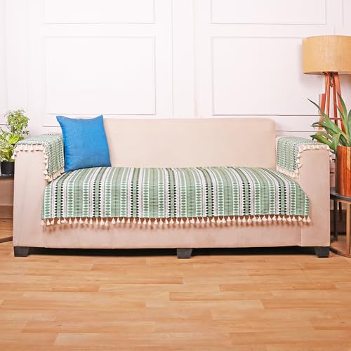 Image of STITCHNEST Woven 3 Seater Sofa Protector with 2 Hand Rest Covers - Green & White Stripe Design - Washable Fabric with Tassels - Stylish Sofa Cover for Modern Living Room & Furniture Decor