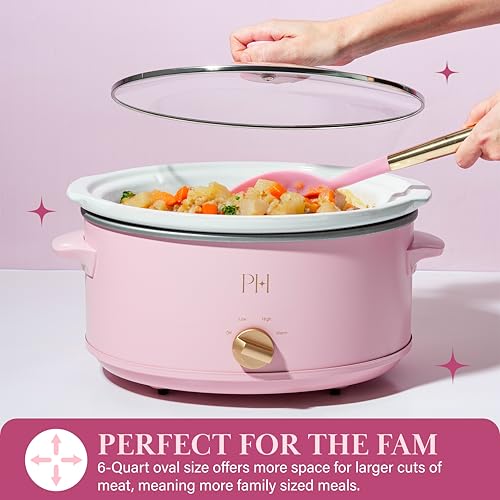 Image of Paris Hilton 6-Quart Manual Slow Cooker, Naturally Nonstick Stoneware Ceramic Insert, Three Settings (Low, High, Warm), Dishwasher Safe Family Size Slow Cooker, Pink