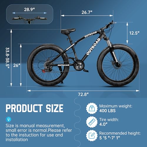 26 Inch Fat Tire Mountain Bike, 4-Inch Tide Tires 21-Speed