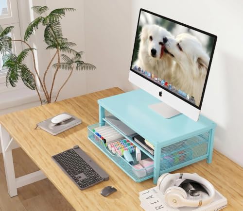 Image of OPNICE Computer Monitor Stand Riser, Desk Organizer with Drawer, Printer & Laptop Stand, Office Desk Accessories & Workspace Desktop Organizers Storage for Office Supplies(Blue)