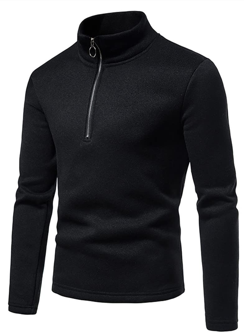 Men's Turtleneck Base Pullover T-Shirt Blouse Men's Placket Zipper Design Solid Casual Long Sleeve T-Shirt Tops(Black,XL)