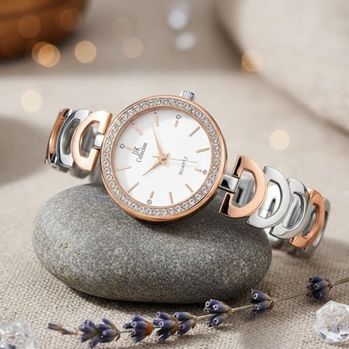 Image of IIK COLLECTION Watches for Women Round Studded Dial |Analogue Quartz Movemnet Ladies Watch|Long Battery Life|Stainless Steel Adjustable Bracelet Chain Strap|Double Lock Clasp Safety Watches for Girls