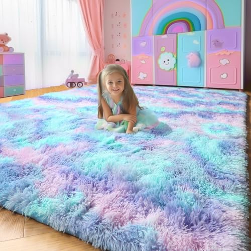Amdrebio Purple Rainbow Rugs for Bedroom Girls Room Decor, Soft Fluffy Cute Area Rug 4x6 for Kids Room Playroom Nursery Dorm, Mermaid Stitch Frozen Fuzzy Carpet, Plush Kawaii Furry Baby Toddler Rug