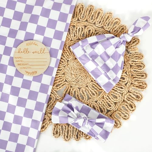 Image of TANOFAR 4-Pack Newborn Swaddle Blanket for Baby Girls & Boys, Ultra Soft Receiving Blankets with Matching Headband and Beanie Set Baby Nursery Swaddle Wrap (Purple Checkerboard)
