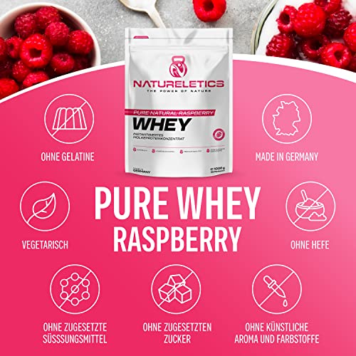 NATURELETICS HIMBEERE 1kg - Natürliches Premium Whey Protein aus Deutschland ohne Zusatz von Zucker, Süßstoffe, Aspartam & Sucralose - kohlenhydratarm – 22,6 % BCAA – reines Eiweißpulver