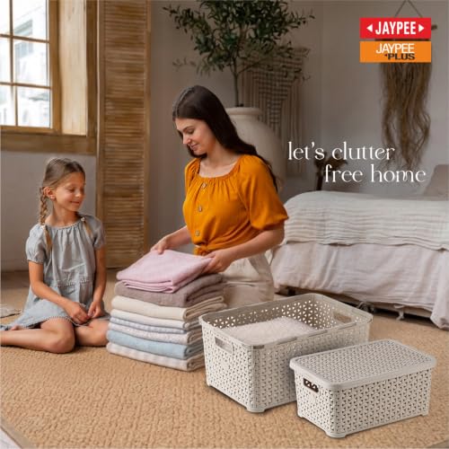 Image of Jaypee Plus Keep all 3 Plastic Storage Basket Organizers With Lid For Kitchen,Fridge, Office Wardrobe, Stationery, Household, Toys & Multipurpose use Pack of 3 Durable Box, Beige