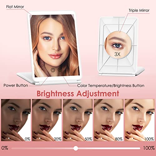 Tokso Travel Lighted Makeup Mirror With 3X Magnifying Vanity Mirror, 72 Led 3 Color Lights, Dimmable Touch Screen, Rechargeable Portable Tabletop Compact Foldable Travel Mirror, Xmas Gift For Women #TOP3
