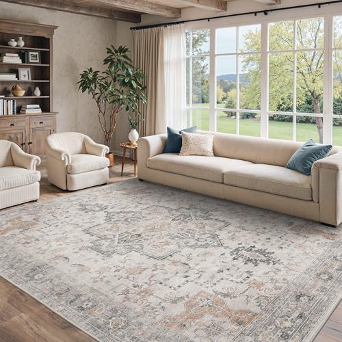 BESBLEE 9x12 Area Rugs for Living Room, Non Slip Machine Washable Vintage Rugs, Low Pile Lightweight Print Large Rug for Bedroom, Dining Room, Home Office, Light Taupe Brown by BESBLEE - Used condition - US$130.04