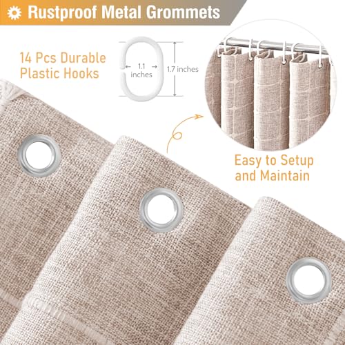 Image of BTTN 84 Inch Wide Shower Curtain - 84x72 Boho Farmhouse Fabric Thick Shower Curtain Set with 14 Plastic Hooks, Large Country Rustic Simple Water-Resistant Cloth Bath Curtains for Bathroom - Taupe /Tan
