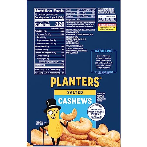 Image of PLANTERS Salted Whole Cashews, Plant Based Protein, 2 Oz (15 Ct)