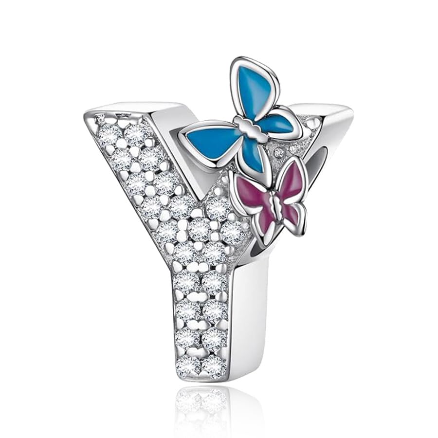 Su-Carata Butterfly-Letter Initial-Alphabet Bead Charms - S925 Sterling Silver A Z Letters Charms with Cubic Zircon Stones Butterfly