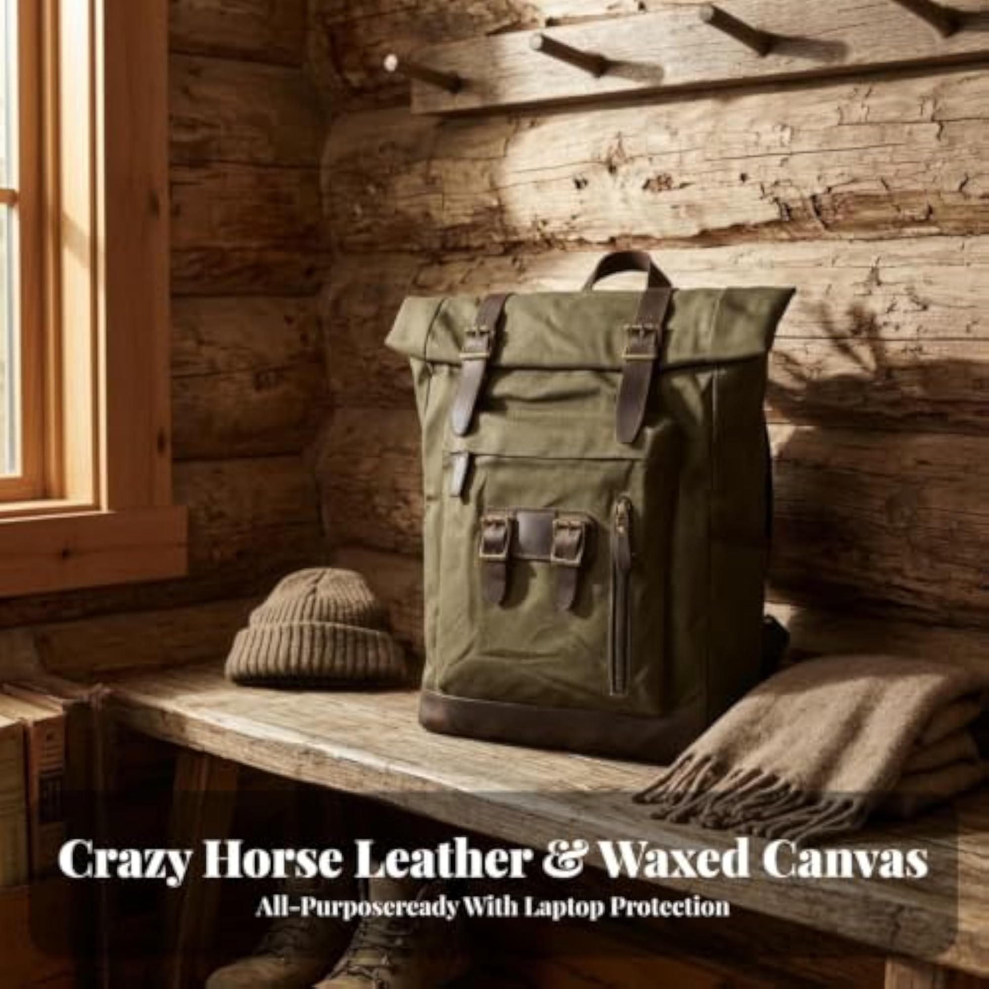 Roll-Top Backpack, Reinforced Leather-Textured Base