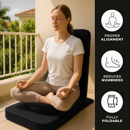 Image of Friends Of Meditation 4-in-1 Folding Buddha Chair - Ergonomic Yoga Seat with Half-Moon Zafu, Detachable Lumbar Support & Carry Case - Black