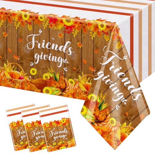 MEHOFOND 3 Pack Friendsgiving Tablecloth, Disposable Plastic Pumpkin Harvest Table...