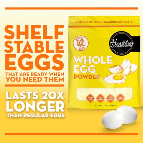 Healthier Comforts Whole Egg Powder | Pure Dried Whole Eggs | Pasteurized, Ready to Eat | Gluten Free, Made in USA | Perfect for Baking, Camping, Hiking, Shelf Stable Meal Preparation (21 oz)