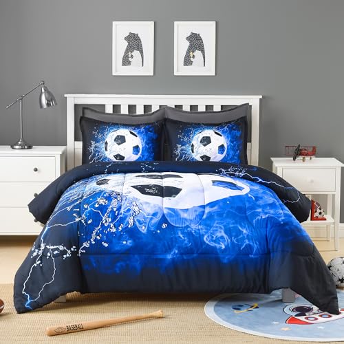 Image of Andency 3D Soccer Comforter Full(79x90 Inch), 3 Pieces(1 Soccer Comforter, 2 Pillowcases) Sport Polyester Bedding Set for Boys Kids Teens