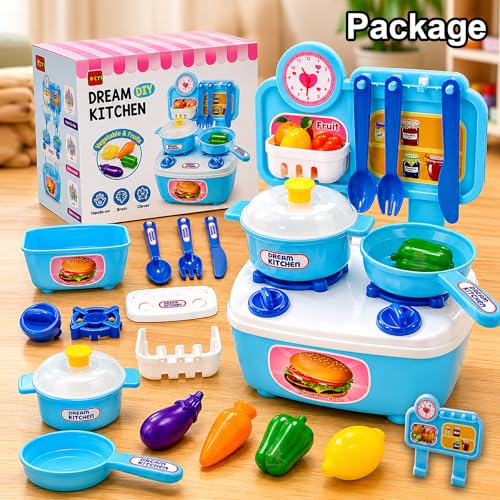 Image of WISHKEY Kitchen Cooking Pretend Play Set for Little Chef's with Accessories, Cookware, Utensils & Cute Multi-Purpose Portable Suitcase for Kids 3 Years & Above (Blue)