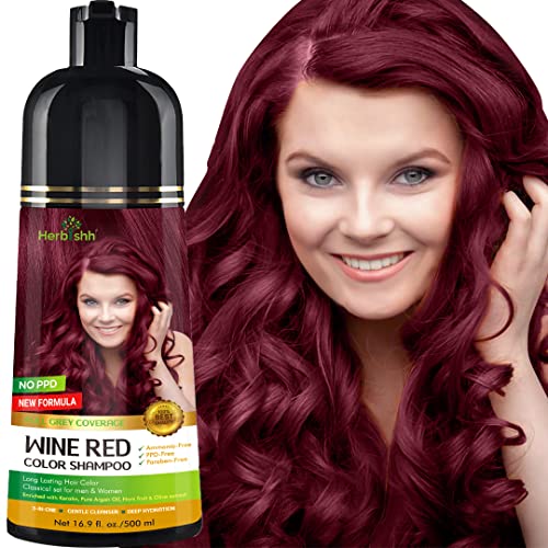 Herbishh Champú para teñir el cabello con canas–Champú para teñir el cabello natural–Colorea el cabello en minutos–Color de larga duración–500 ML–Color de cabello 3 en 1–Sin amoníaco (Rojo vino)