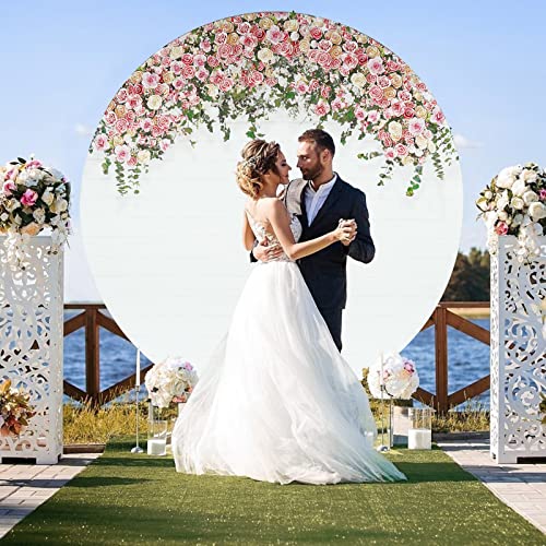Wenmer Floral Round Backdrop Cover, 6.5X6.5Ft Wedding Round Backdrop Cover, Rose Flower Round Backdrop, Polyester Round Background For Valentine's Day Mother’s Day Baby Shower Bridal Birthday #TOP1