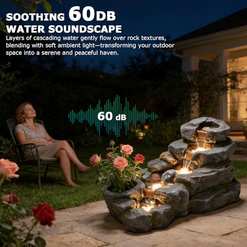 Image of 38.2 inch L Garden Water Fountain Outdoor Waterfall with LED Light | 5 Tiered Rock River Fountains Natural Water Feature Floor Standing Fountains Outside for Patio, Yard, Landscape (Gray)