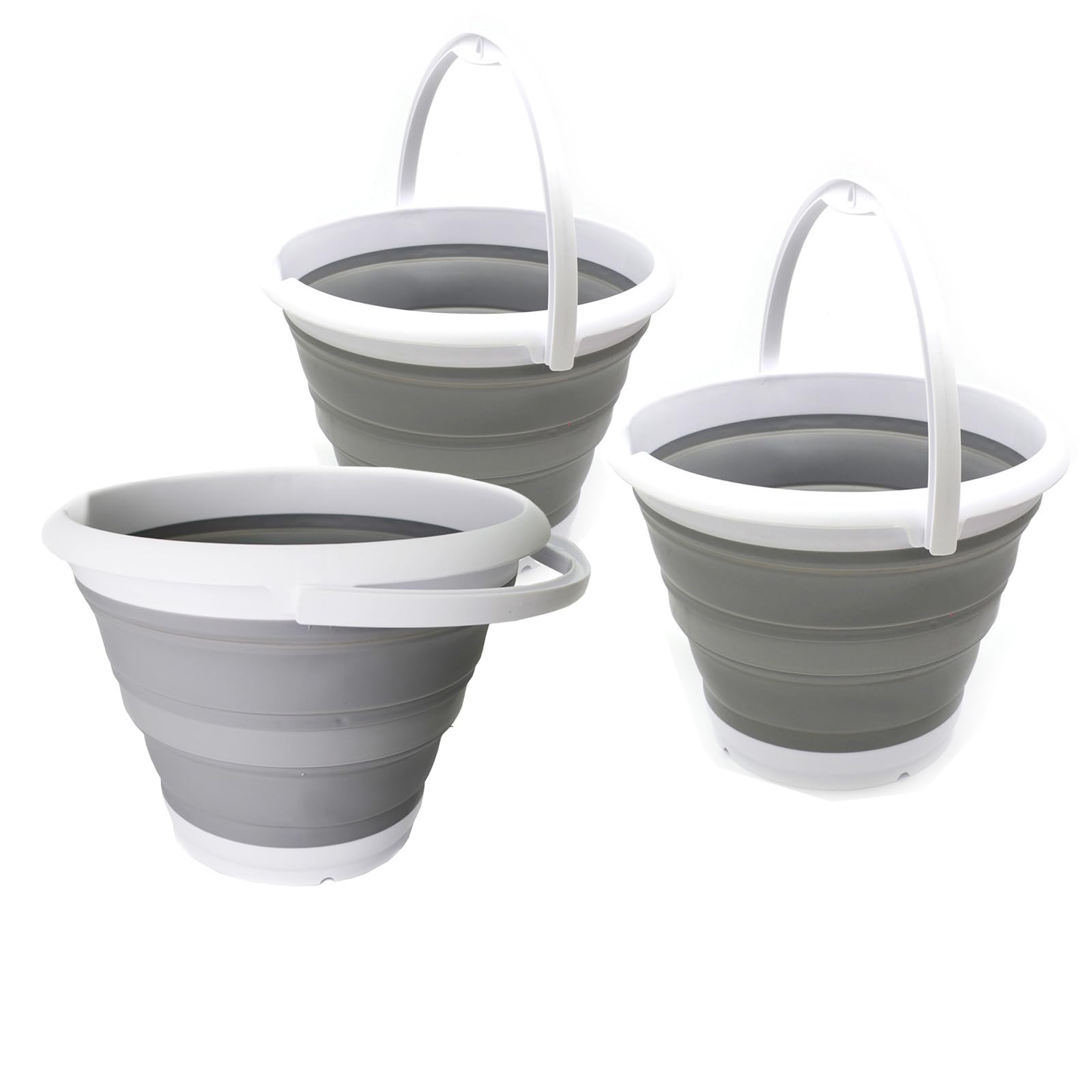 SAMMART 10L Collapsible Fishing Bucket - Foldable Round Tub - Portable Plastic Water Pail - Space Saving Outdoor Waterpot - Trunk Organizer for All Types of Vehicles (Grey (Set of 3))